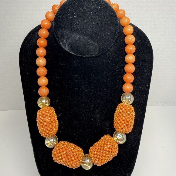 WA/YM Natural Stone Covered Beaded Orange Coral Colored Statement Necklace - Picture 1 of 9